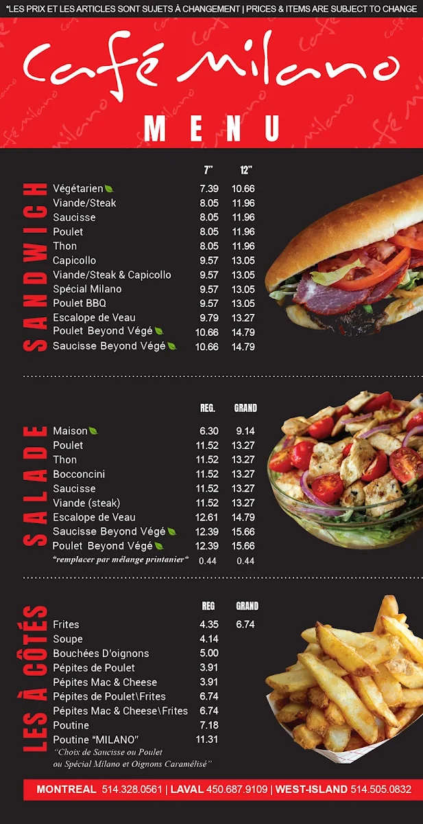Menu, Cafe Milano West Island