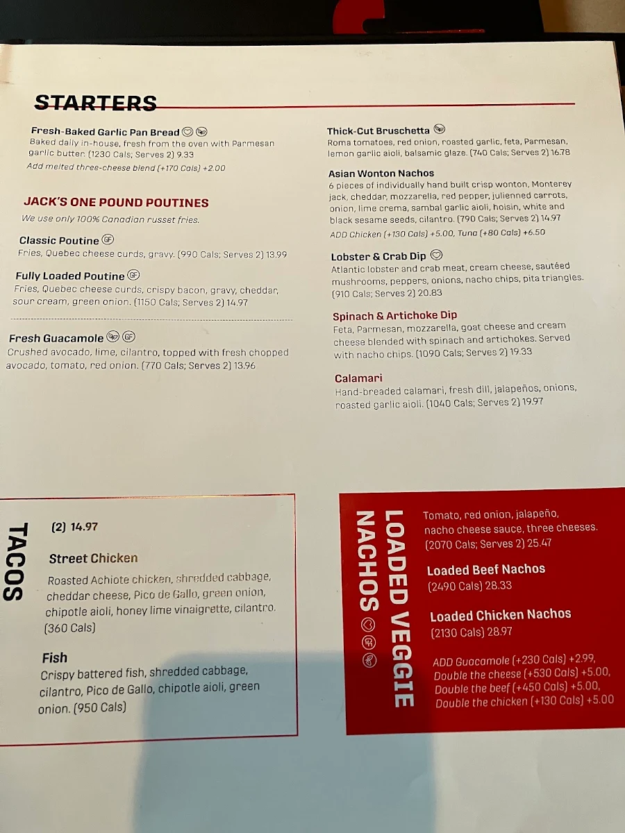 Menu, Jack Astor's Bar & Grill