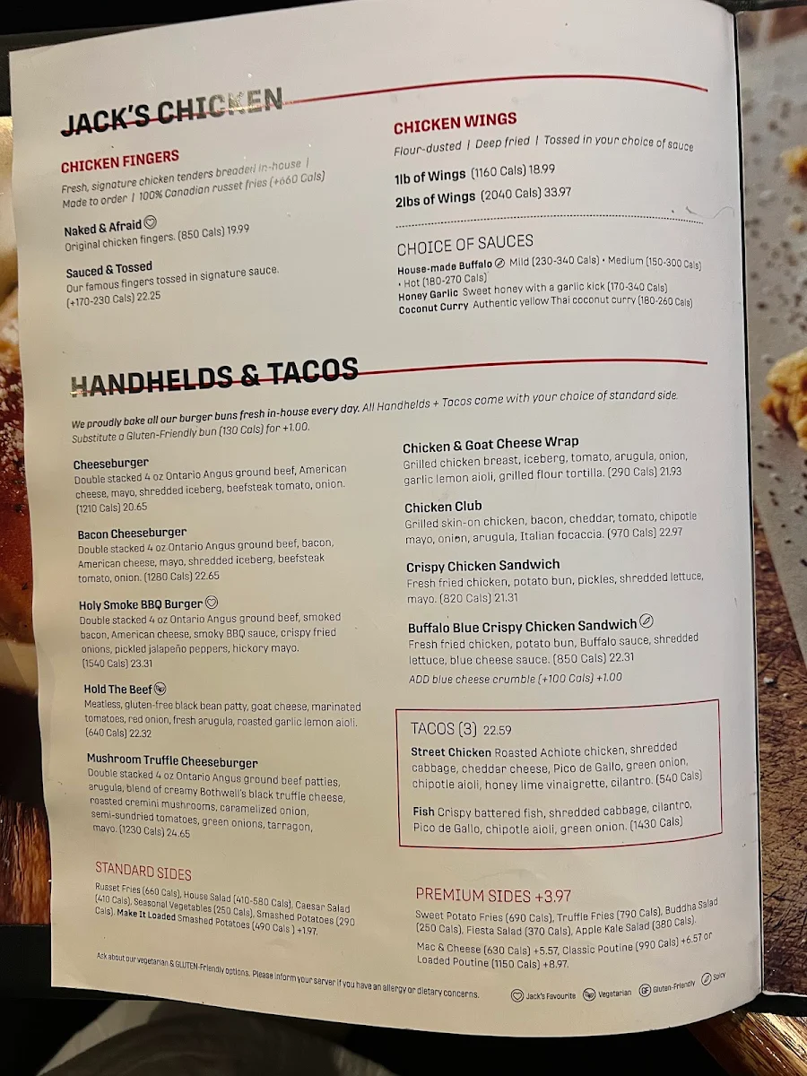 Menu, Jack Astor's Bar & Grill