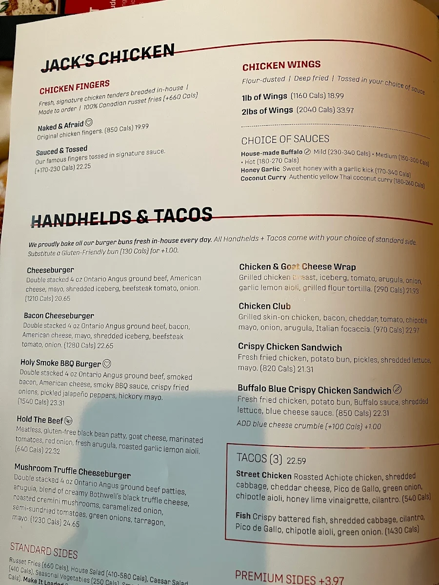 Menu, Jack Astor's Bar & Grill