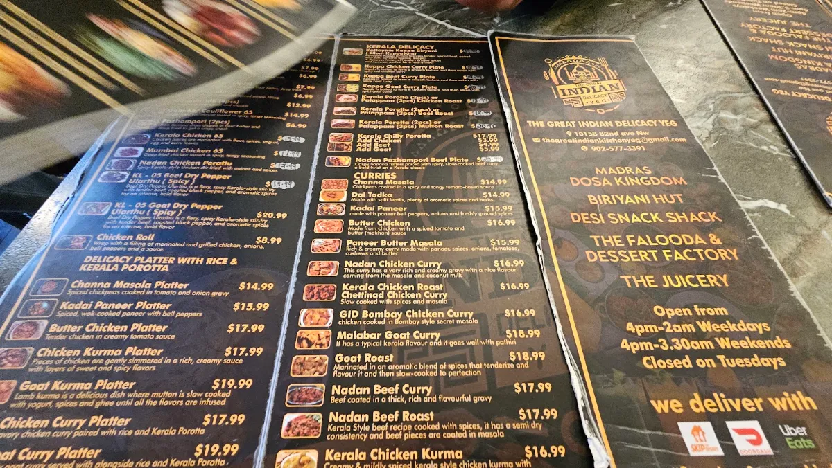 Menu, THE GREAT INDIAN DELICACY YEG AUTHENTIC KERALA SOUTH INDIAN CUISINE.