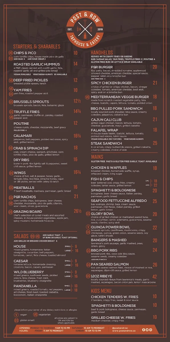 Menu, Post & Row Brewing Co.