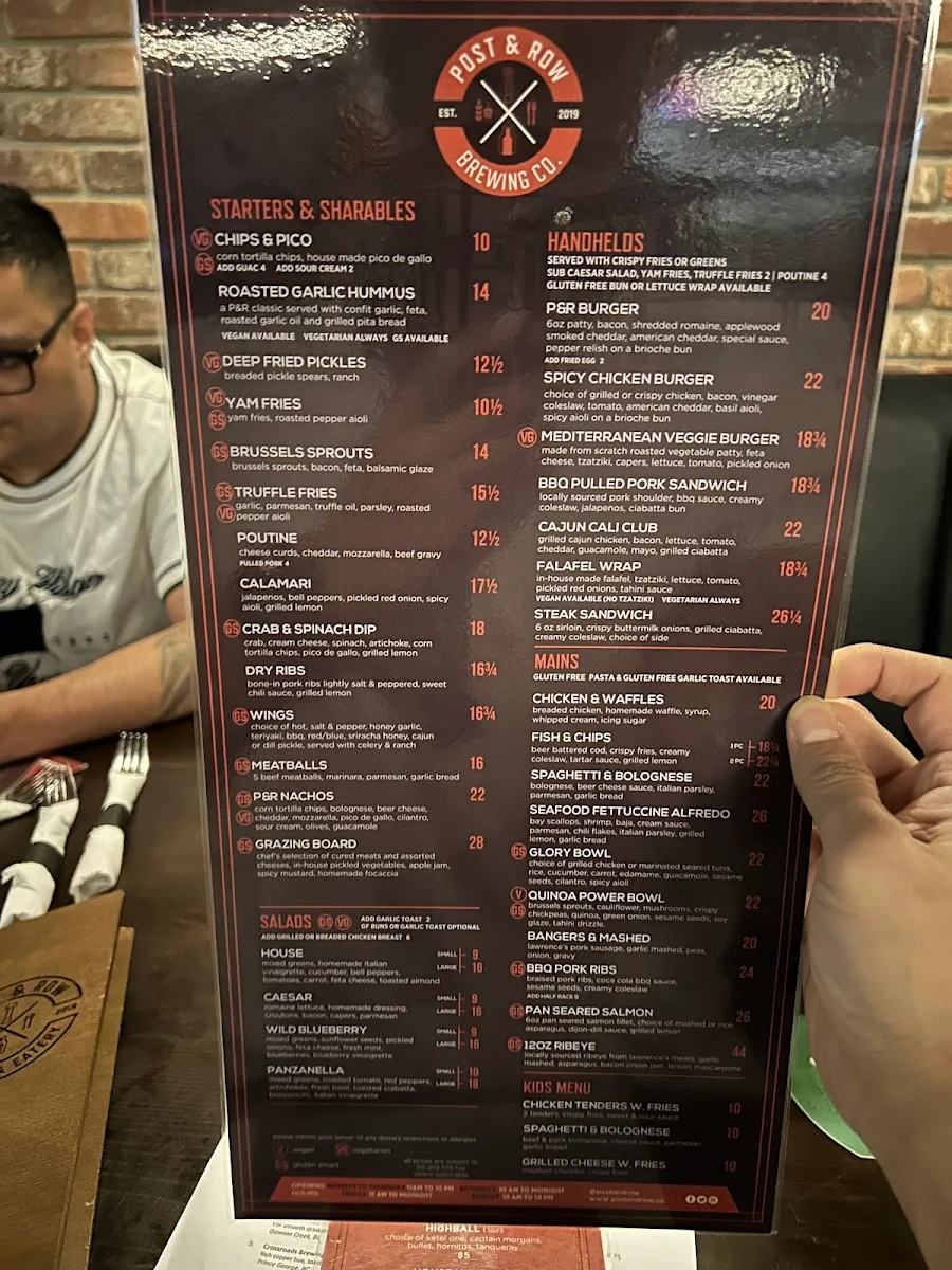Menu, Post & Row Brewing Co.