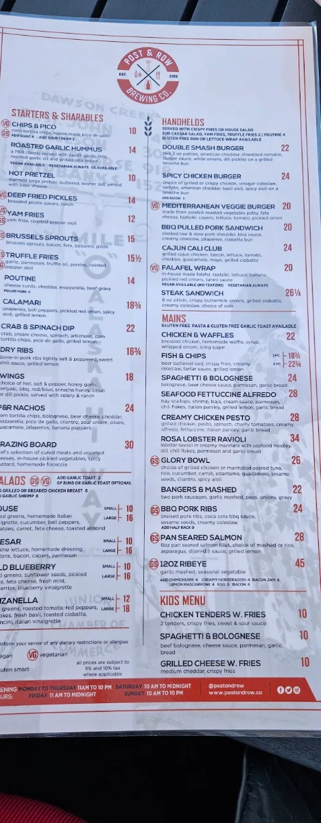 Menu, Post & Row Brewing Co.