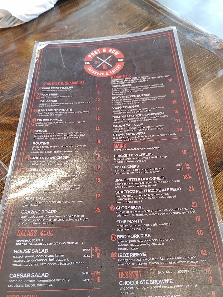 Menu, Post & Row Brewing Co.