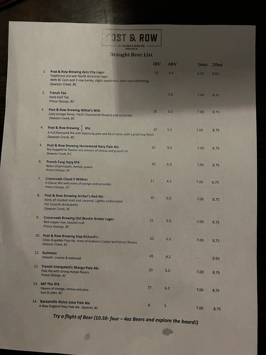Menu, Post & Row Brewing Co.