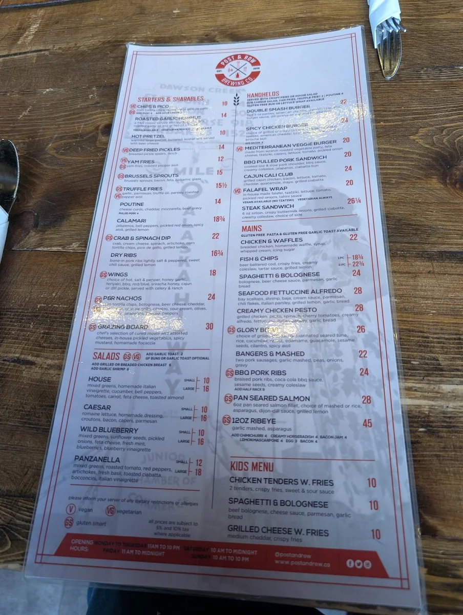 Menu, Post & Row Brewing Co.