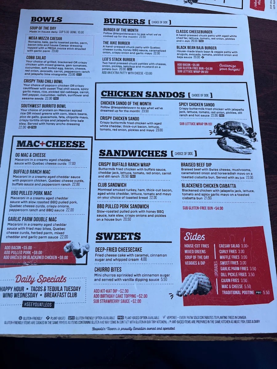 Menu, Leopold’s Tavern Calgary - Beltline