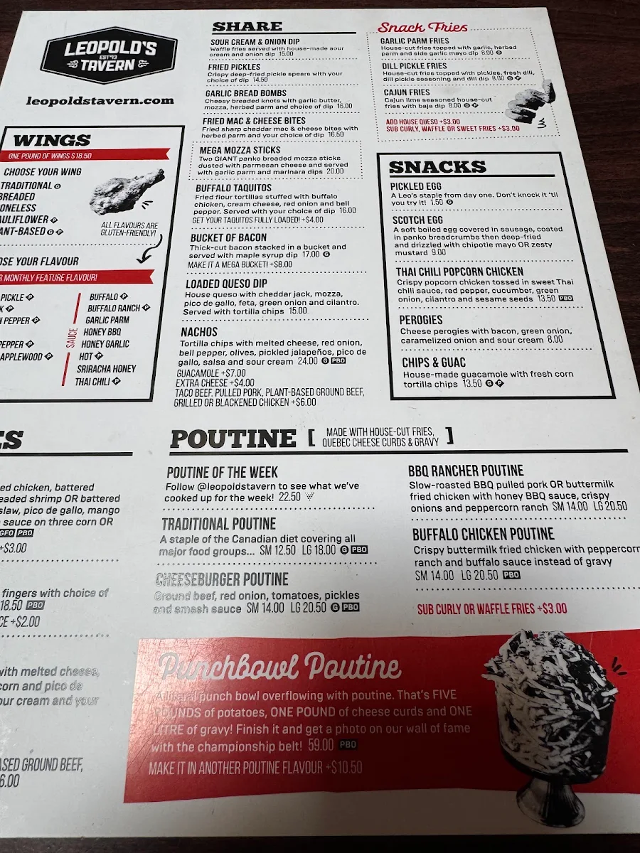 Menu, Leopold’s Tavern Calgary - Beltline