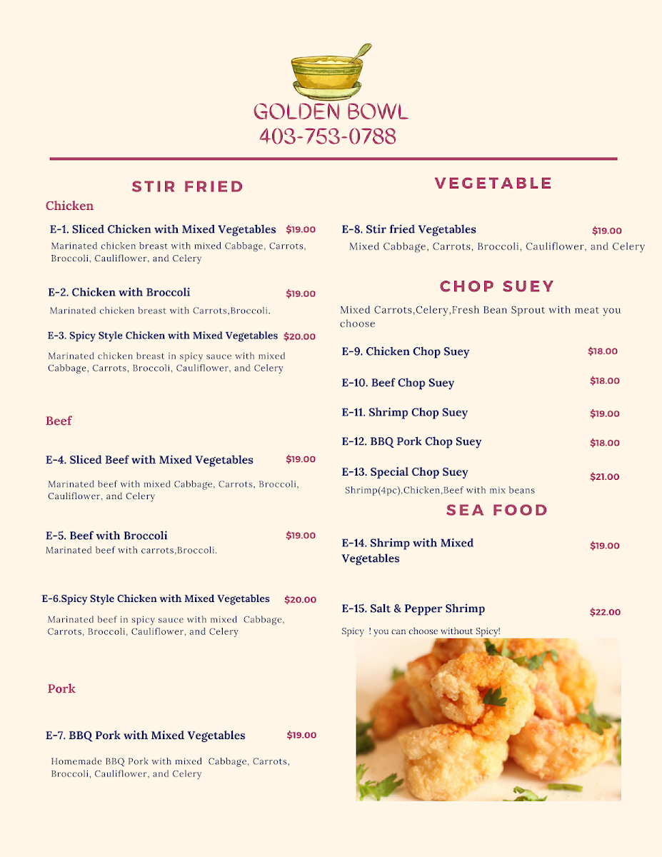 Menu, Golden Bowl 金碗楼