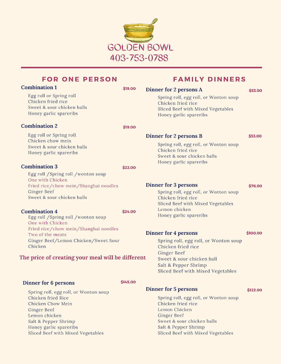 Menu, Golden Bowl 金碗楼
