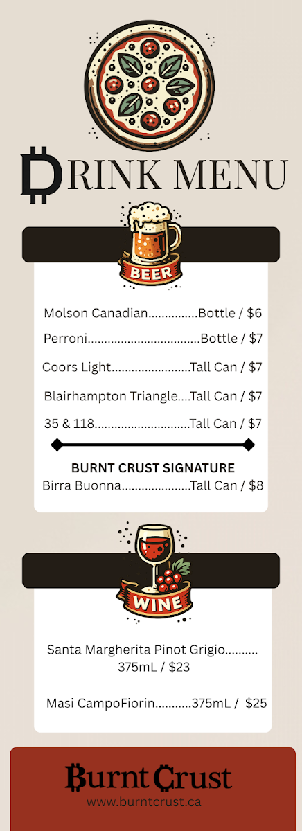 Menu, Burnt Crust Pizzaria