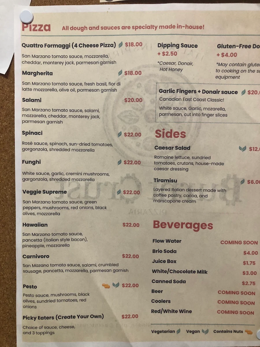 Menu, Burnt Crust Pizzaria