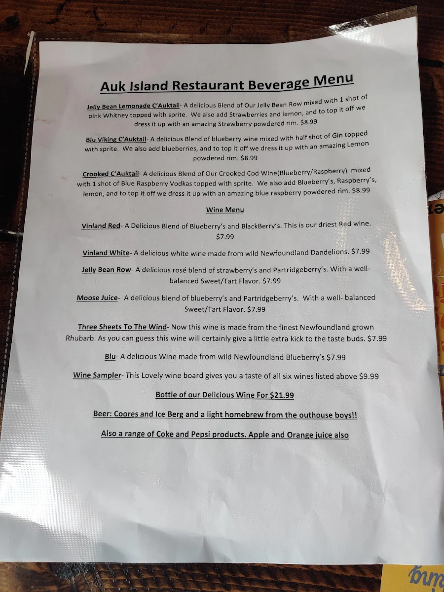 Menu, Great Auk Restaurant