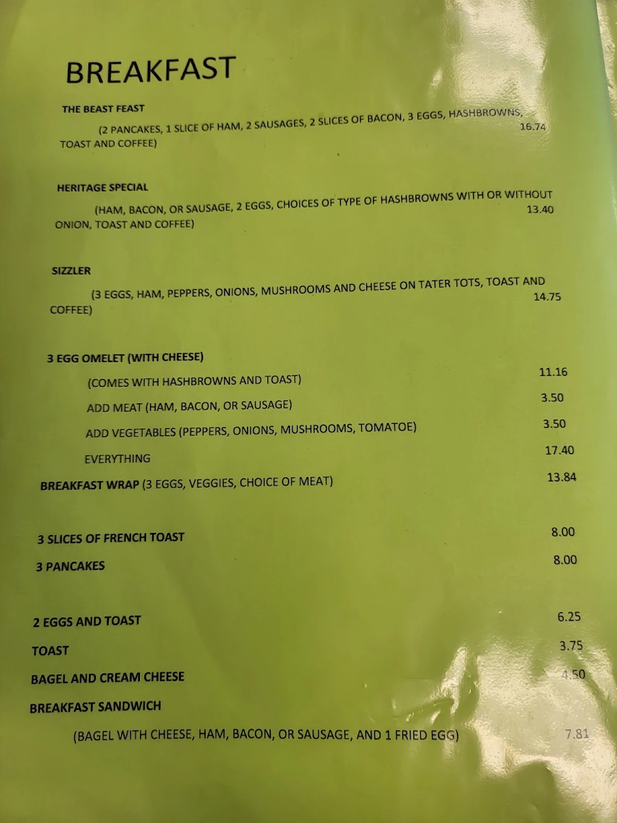 Menu, Heritage Restaurant