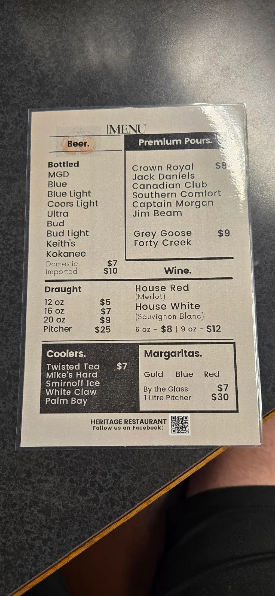Menu, Heritage Restaurant