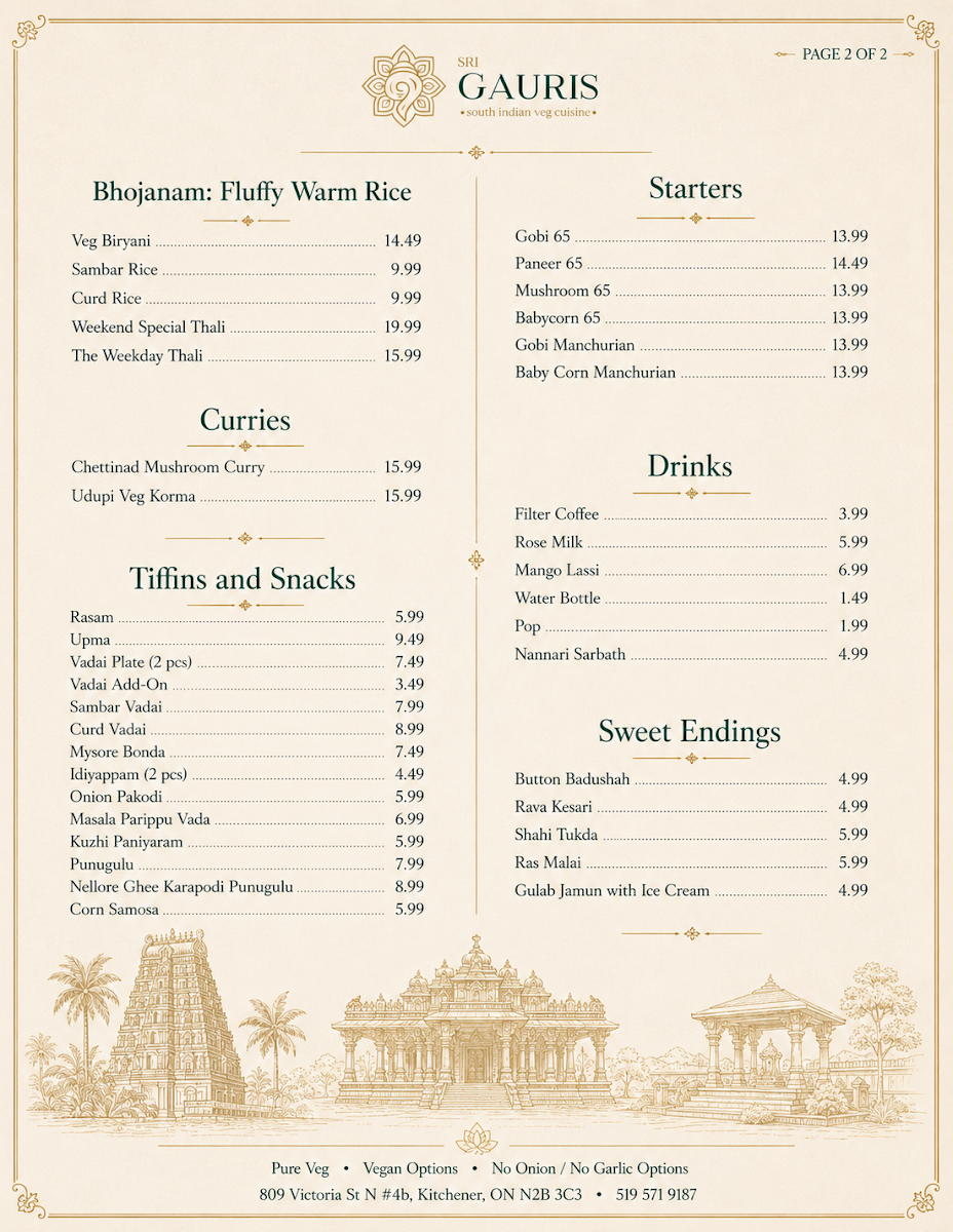 Menu, Sri Gauris South Indian Pure Veg Cuisine