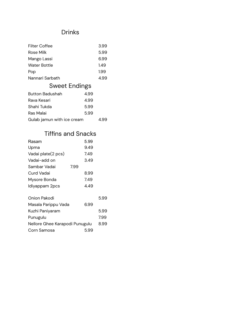 Menu, Sri Gauris South Indian Pure Veg Cuisine