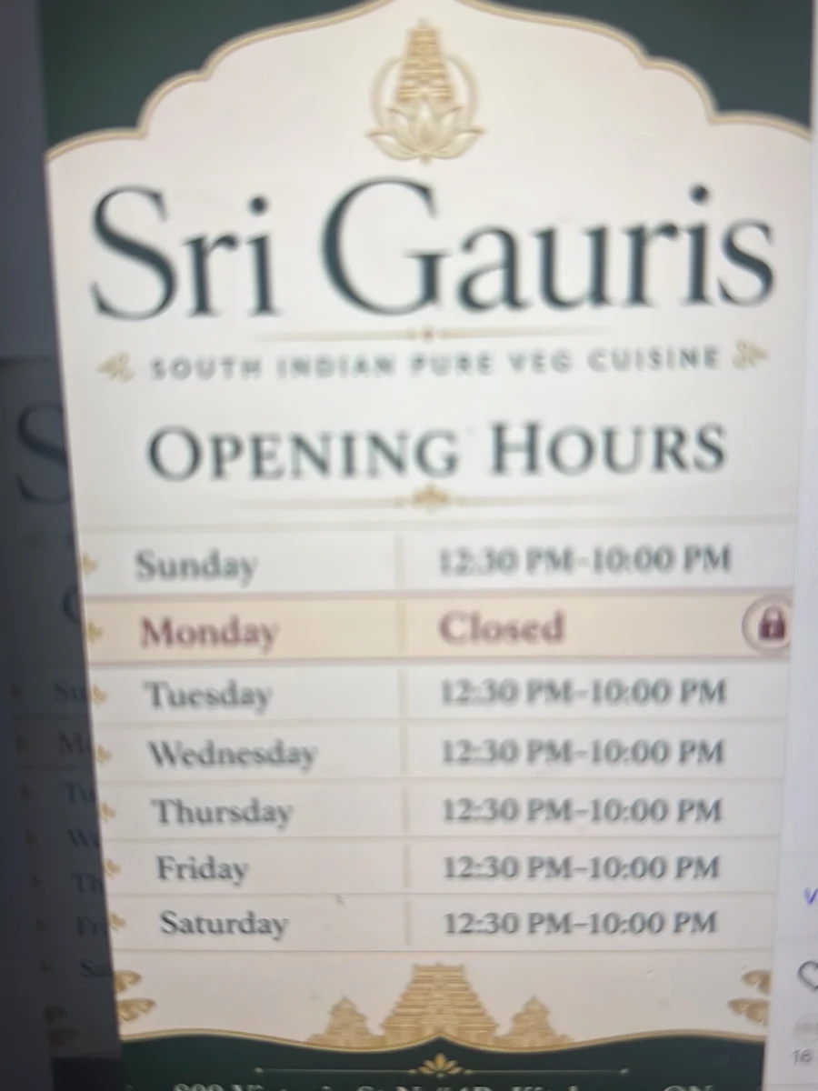 Menu, Sri Gauris South Indian Pure Veg Cuisine