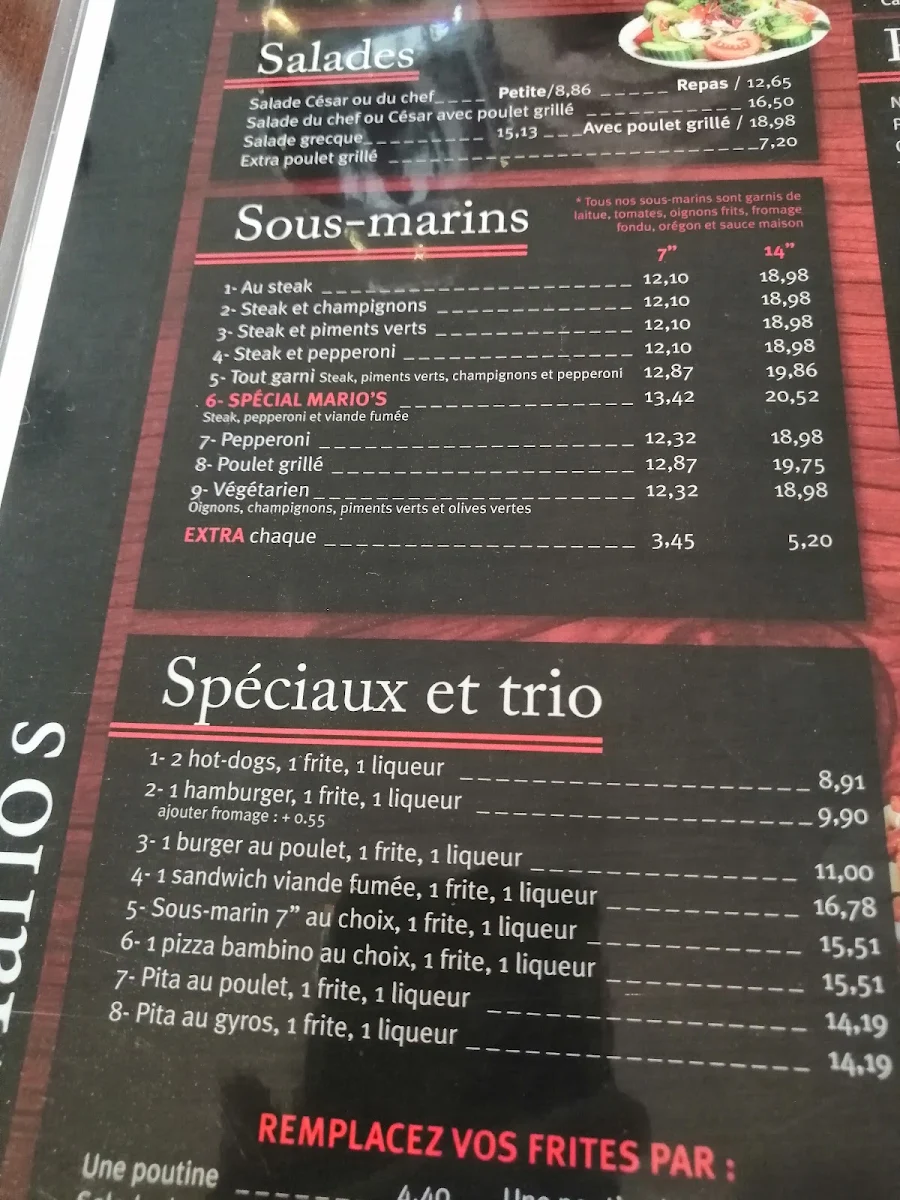 Menu, Restaurant Mario's Saint-Jean-sur-Richelieu