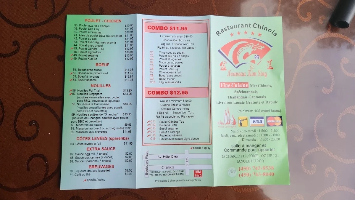 Menu, Restaurant Chinois Kim Sing