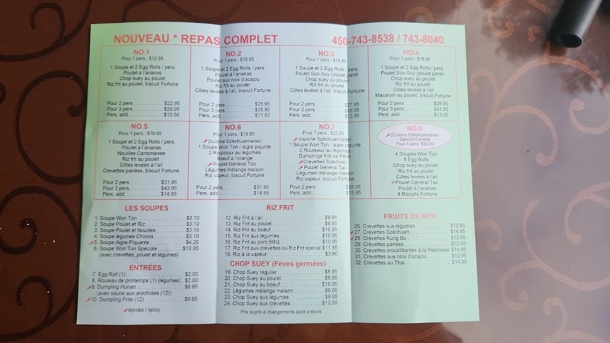 Menu, Restaurant Chinois Kim Sing
