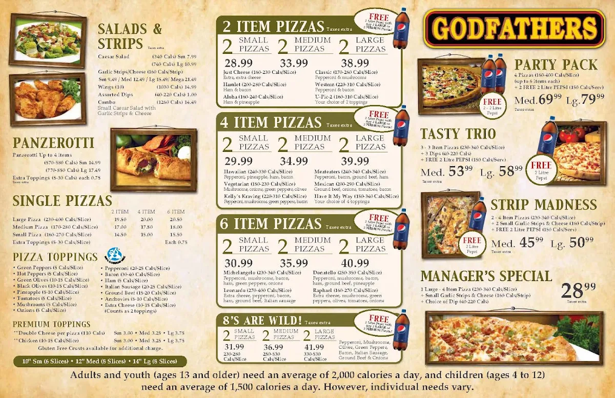Menu, Godfathers Pizza - Cayuga