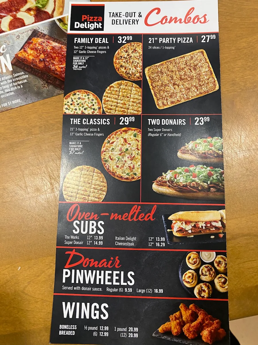 Menu, Pizza Delight