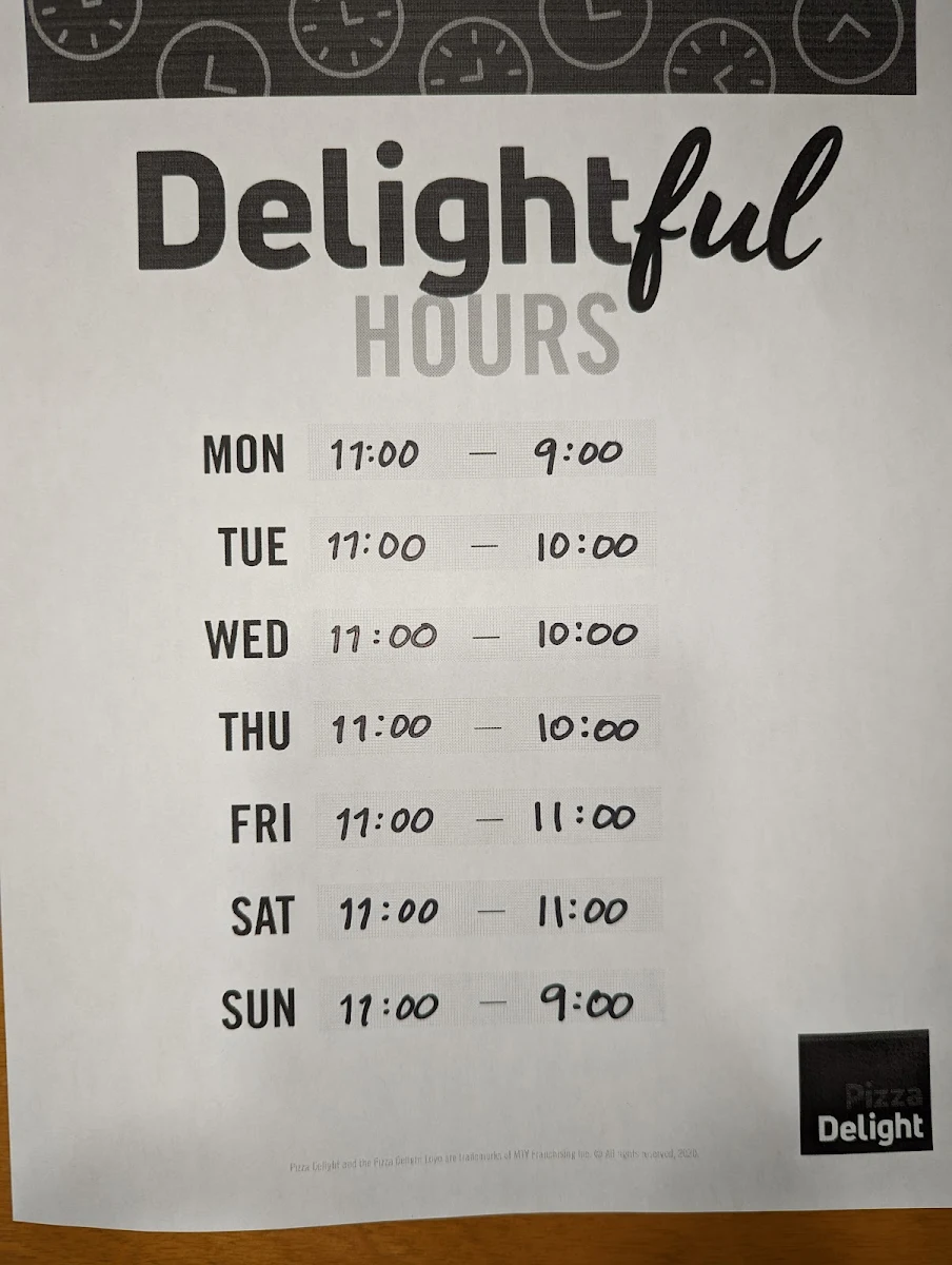 Menu, Pizza Delight