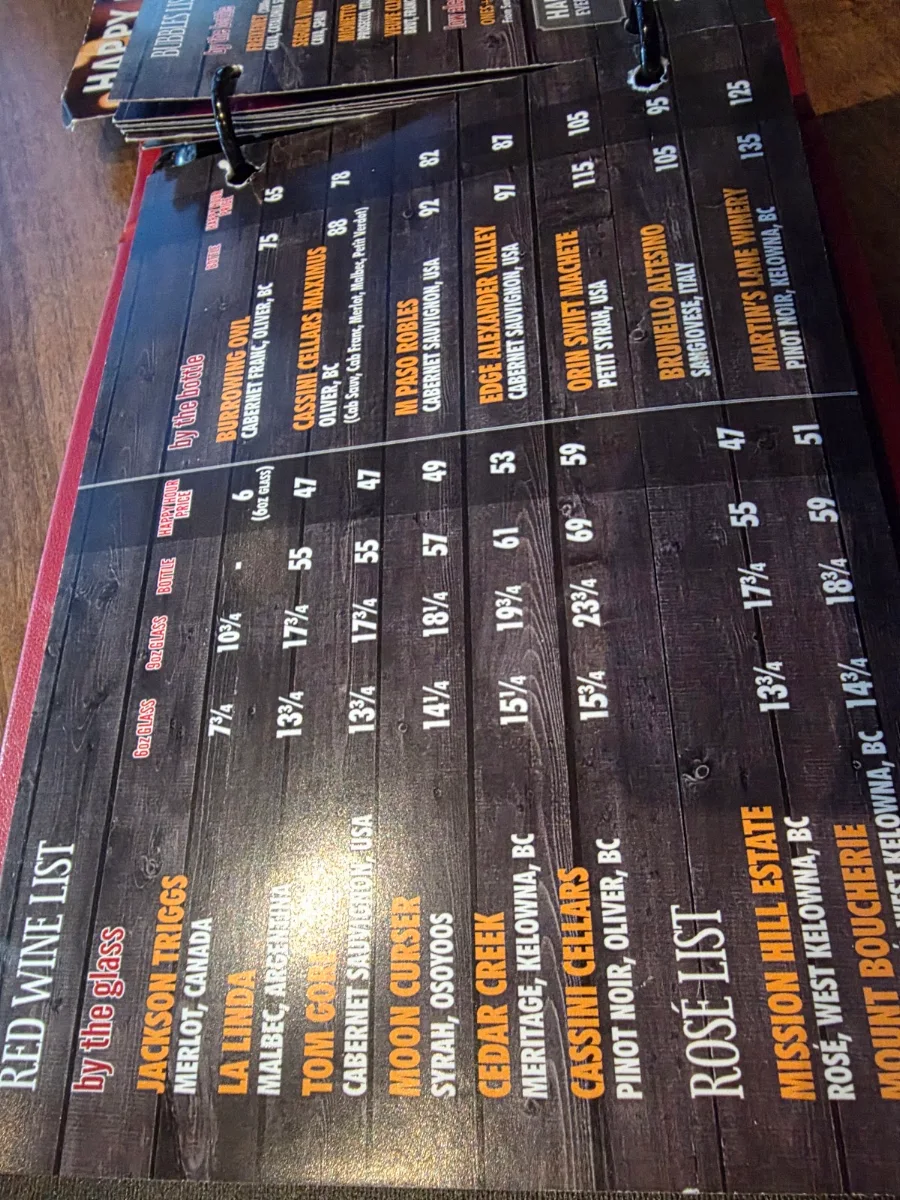 Menu, Sammy J's Grill and Bar West Kelowna
