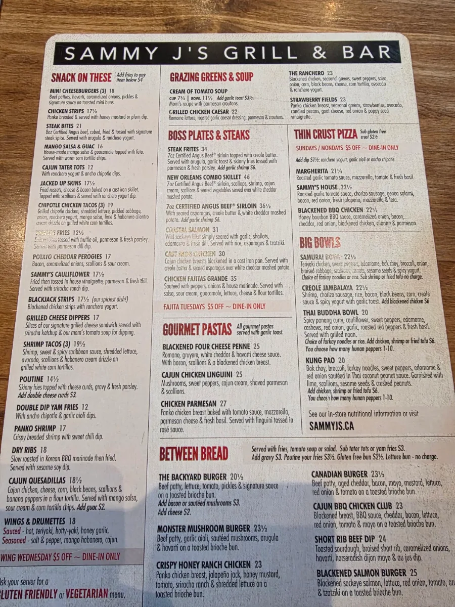 Menu, Sammy J's Grill and Bar West Kelowna