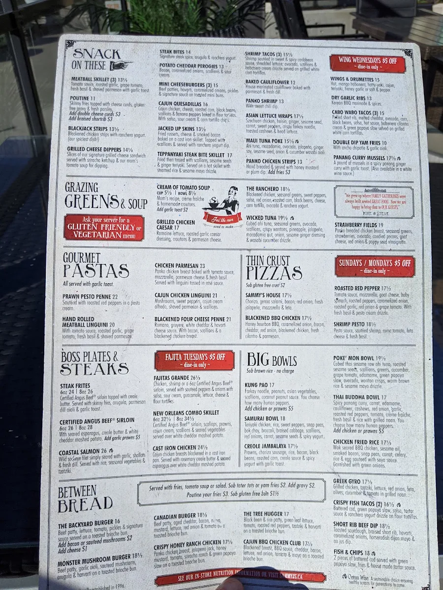 Menu, Sammy J's Grill and Bar West Kelowna