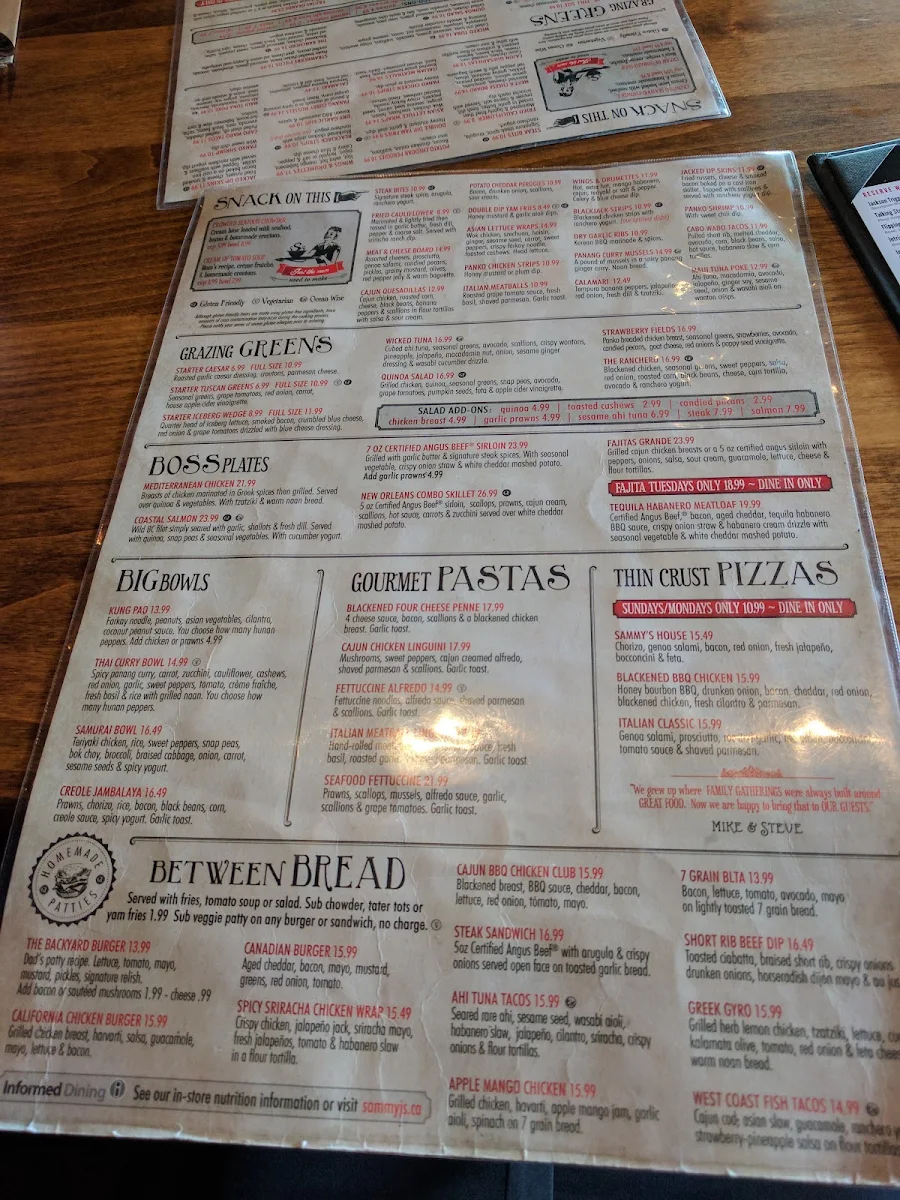 Menu, Sammy J's Grill and Bar West Kelowna