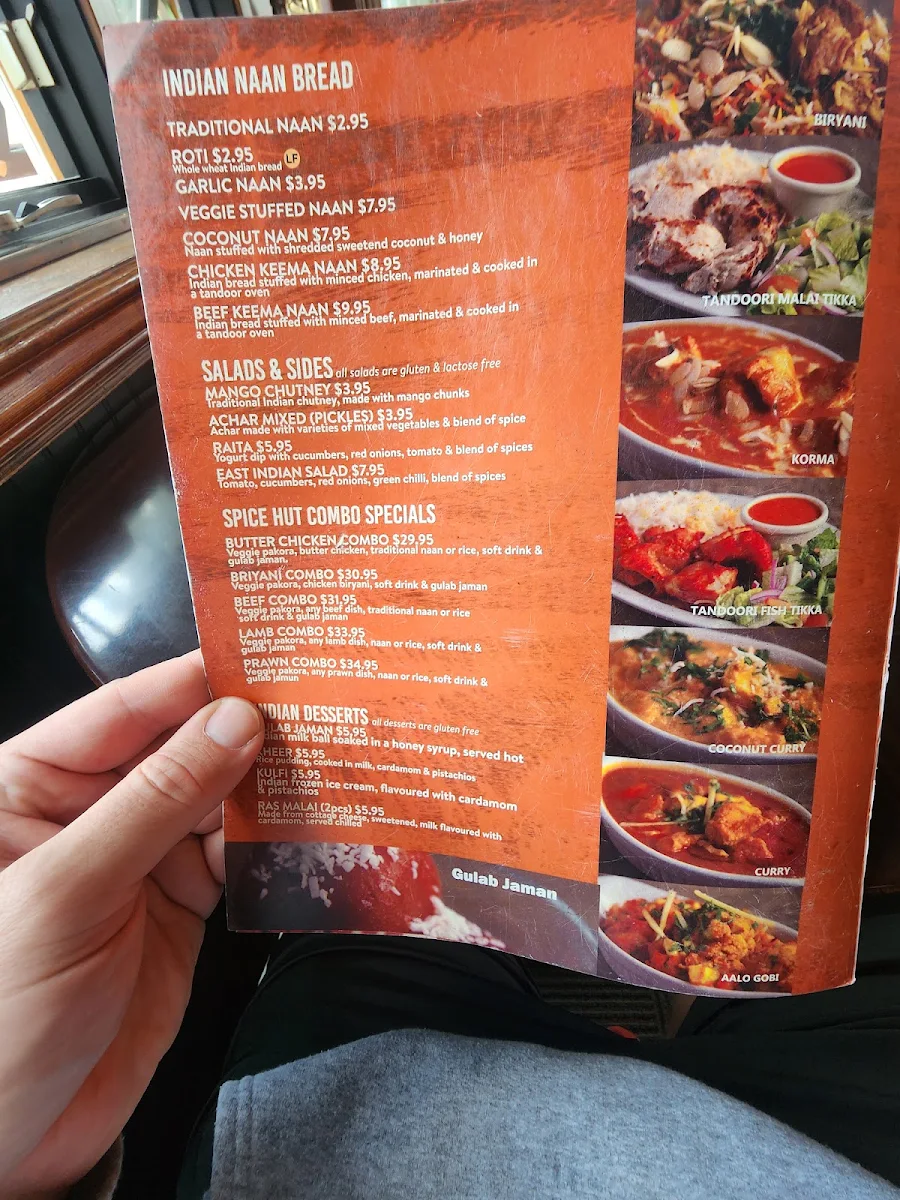 Menu, Spice Hut Indian Cuisine.