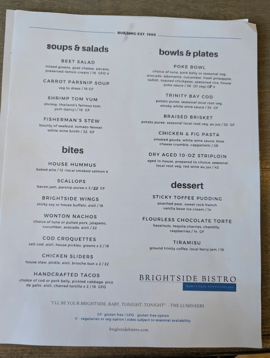 Menu, BRIGHTSIDE BISTRO
