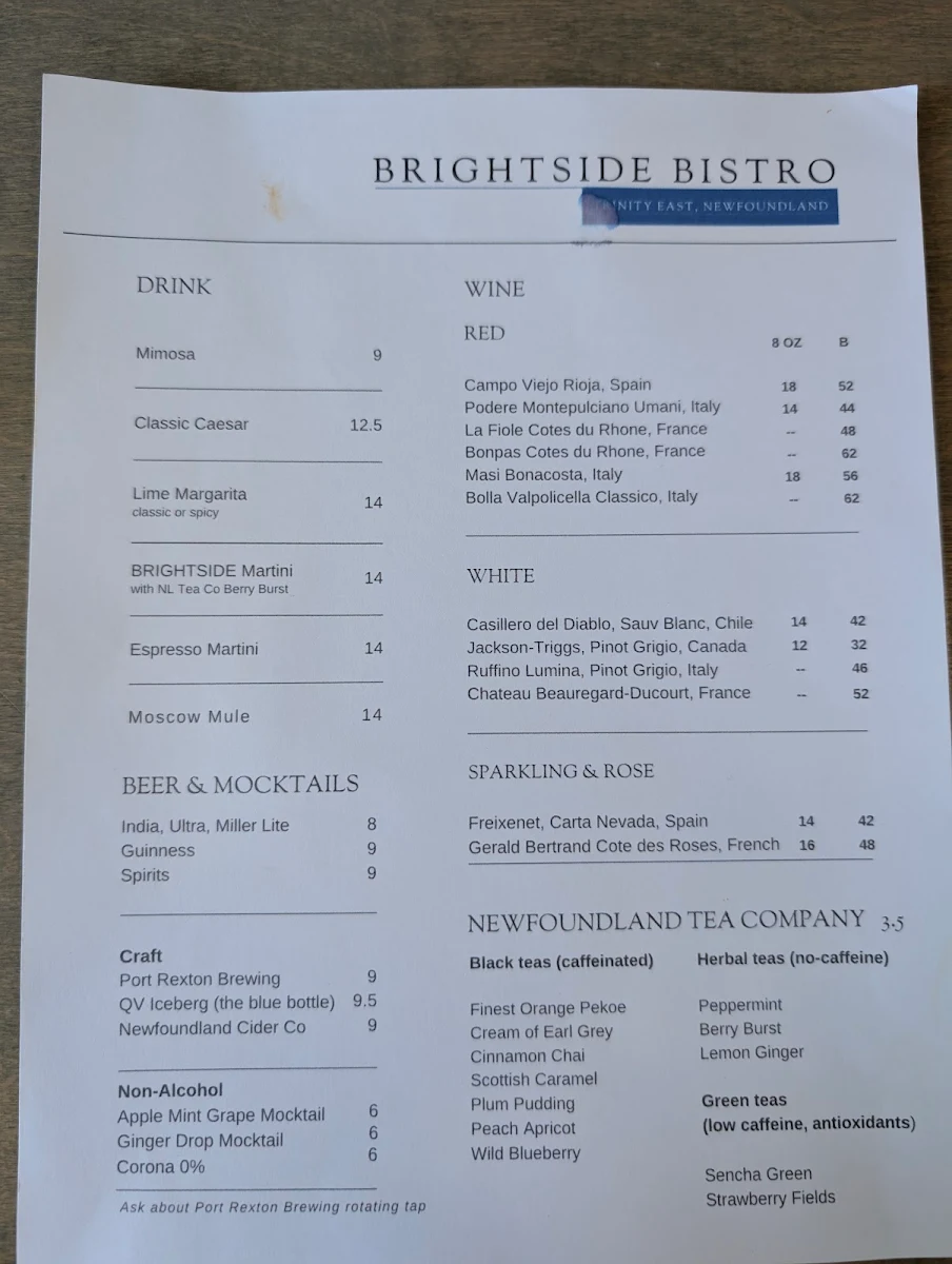 Menu, BRIGHTSIDE BISTRO