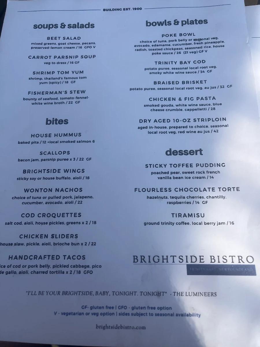 Menu, BRIGHTSIDE BISTRO