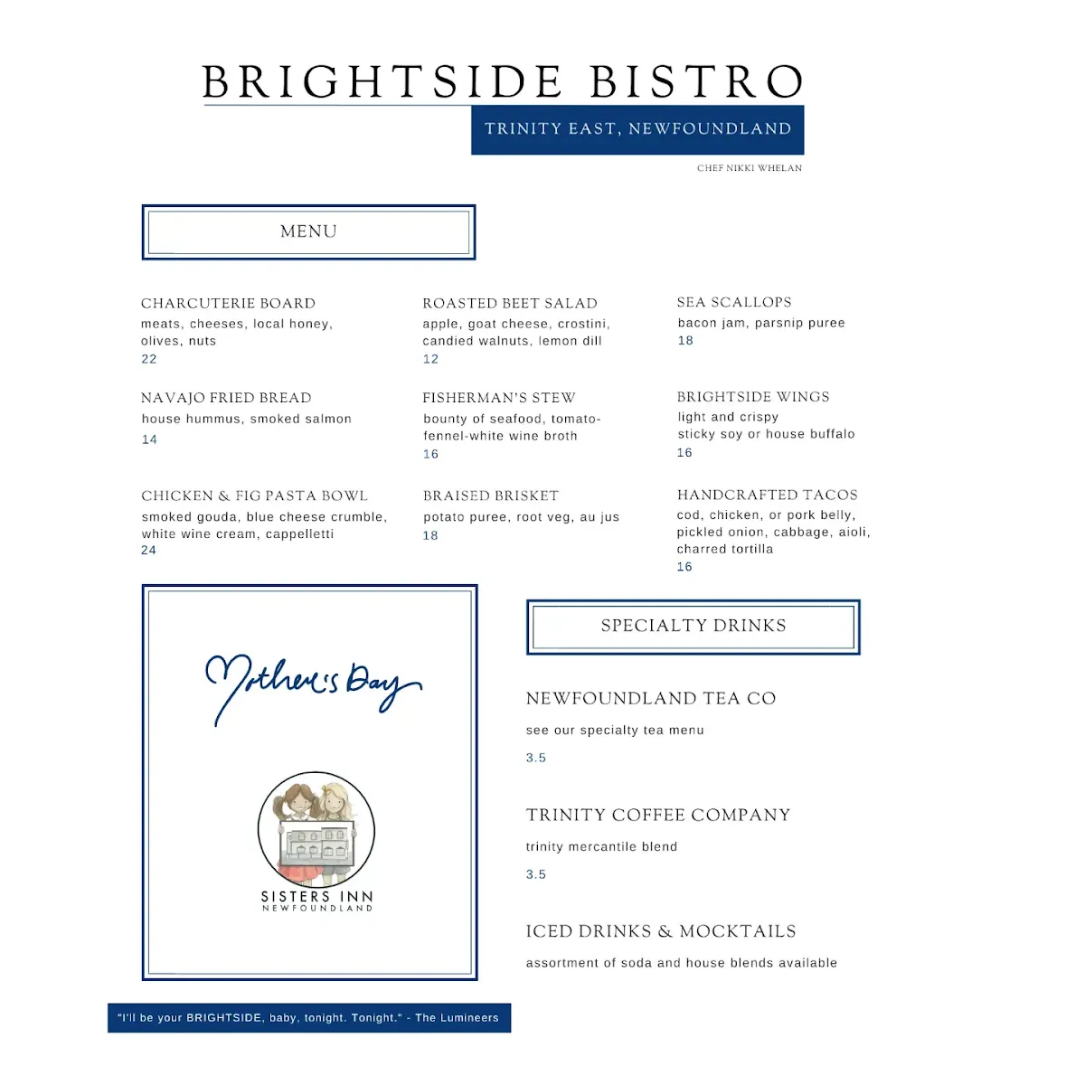 Menu, BRIGHTSIDE BISTRO