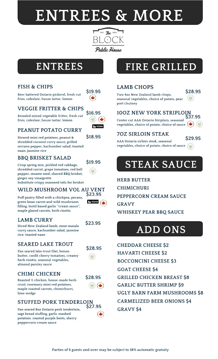 Menu, The Block Public House