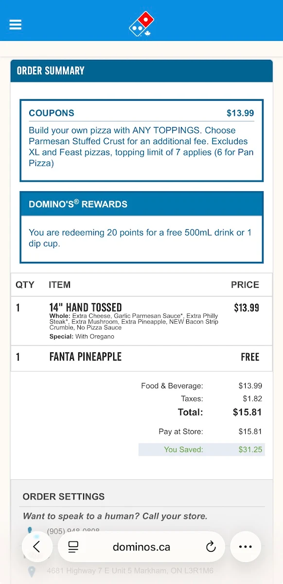 Menu, Domino's Pizza
