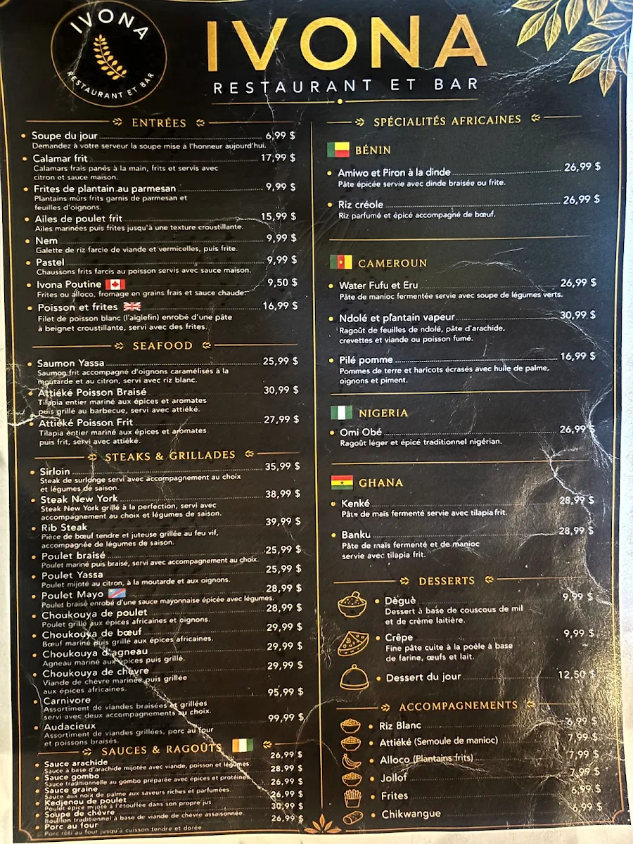 Menu, IVONA Restaurant and Bar