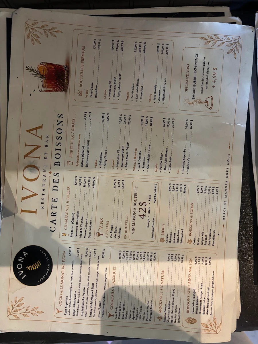 Menu, IVONA Restaurant and Bar