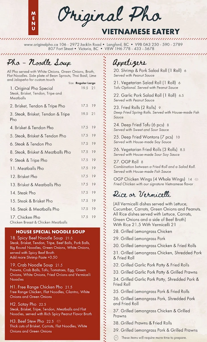 Menu, Original Pho Eatery - Downtown Victoria