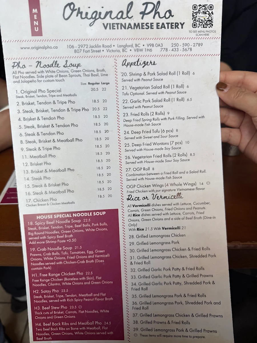 Menu, Original Pho Eatery - Downtown Victoria