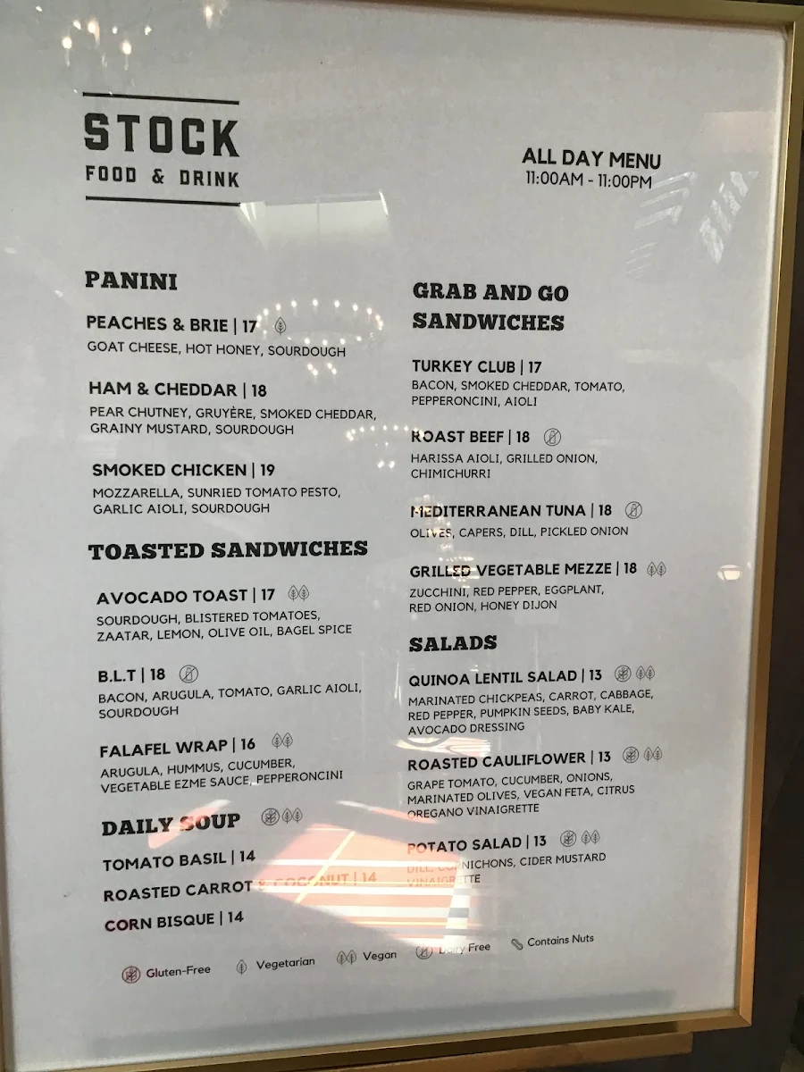Menu, STOCK FOOD & DRINK