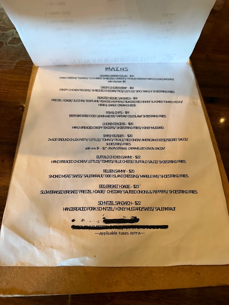 Menu, Newark Brewing: Bar & Restaurant