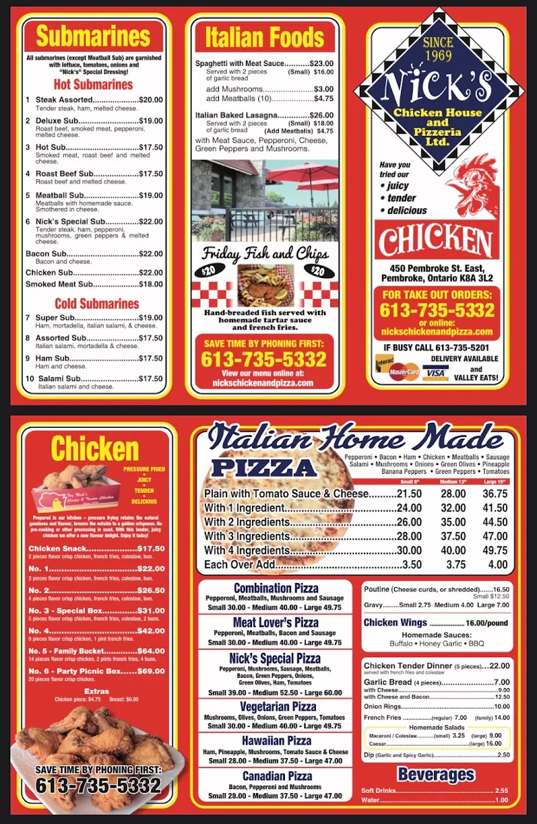 Menu, Nick's Chicken House & Pizzeria