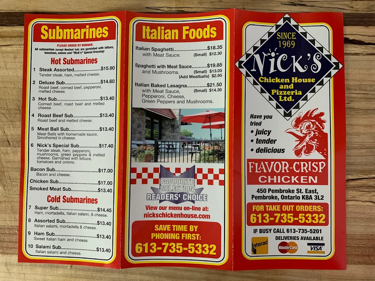 Menu, Nick's Chicken House & Pizzeria