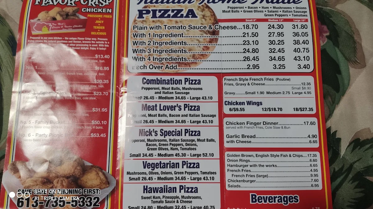 Menu, Nick's Chicken House & Pizzeria