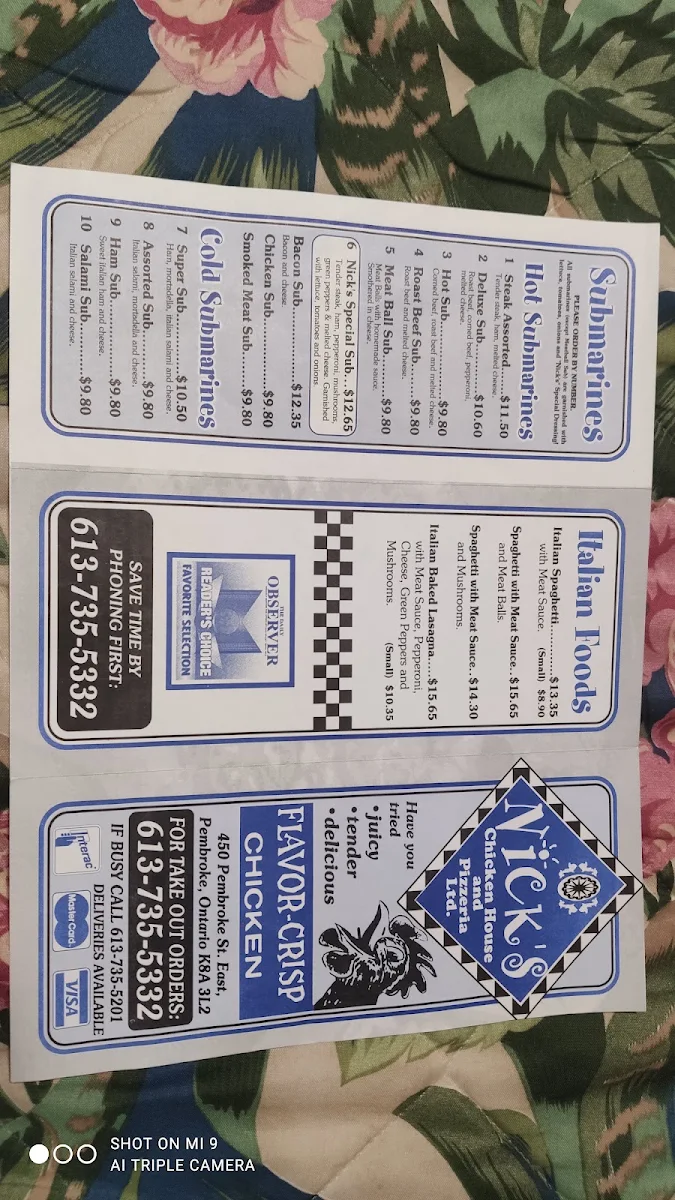 Menu, Nick's Chicken House & Pizzeria